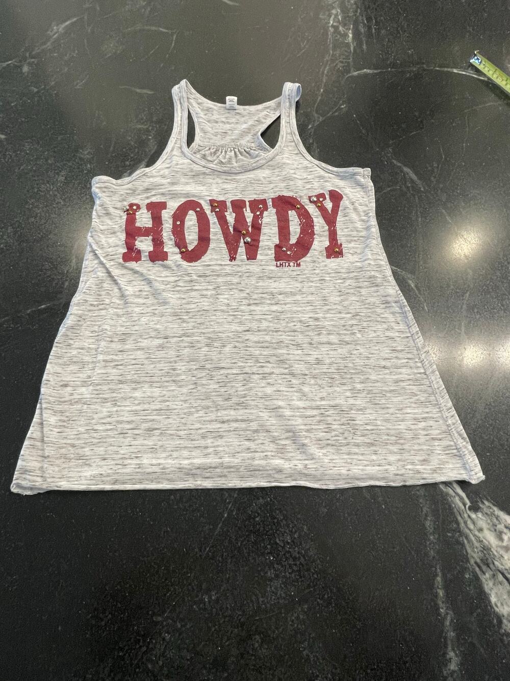LHTX Leigh L. Hajovsky Texas made "HOWDY" embellished tank S Aggies